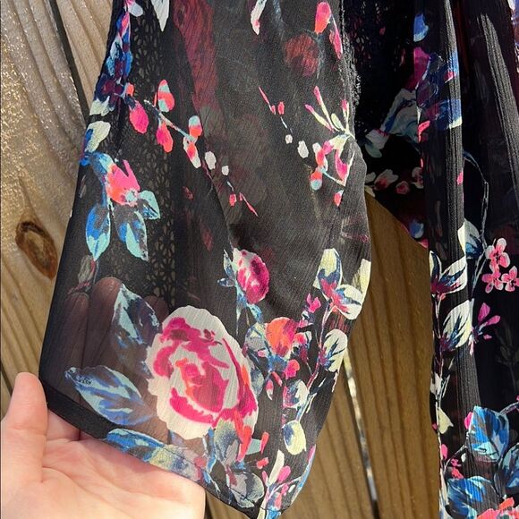 Express Fall Floral Black Pink Sheer Lace Open-Front Kimono Cover Up Shaw Wrap M - Picture 6 of 13
